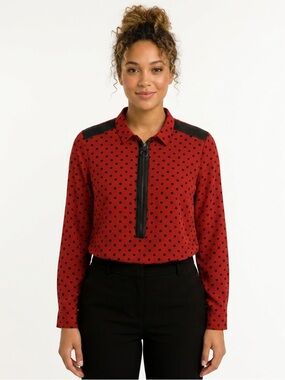 San Francisco | Red and Black Polka Dot Blouse with Leather Accents and Half Zip